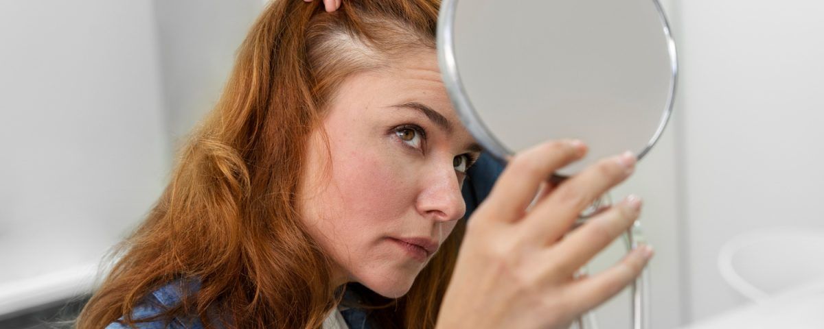 Căderea părului la o femeie ce privește în oglindă.