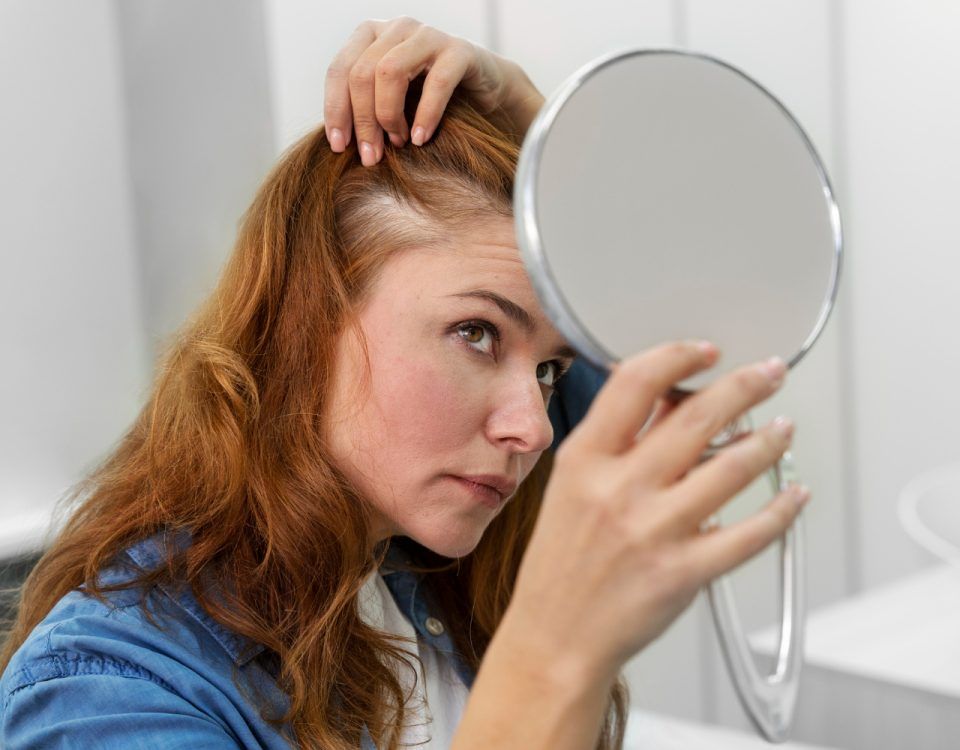 Căderea părului la o femeie ce privește în oglindă.