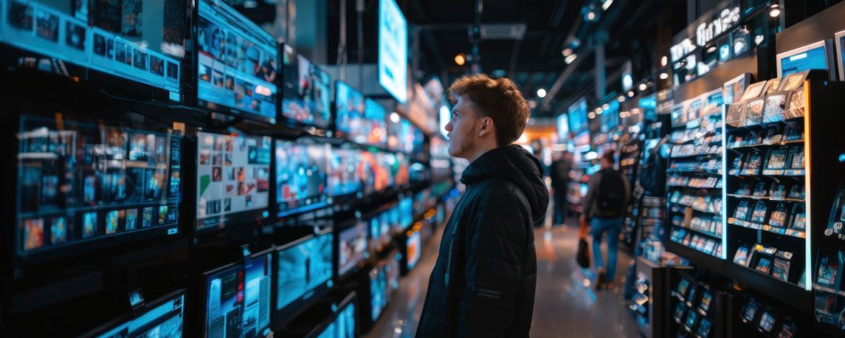 Cele mai bune televizoare din 2026, căutate de un bărbat într-un magazin de electronice.