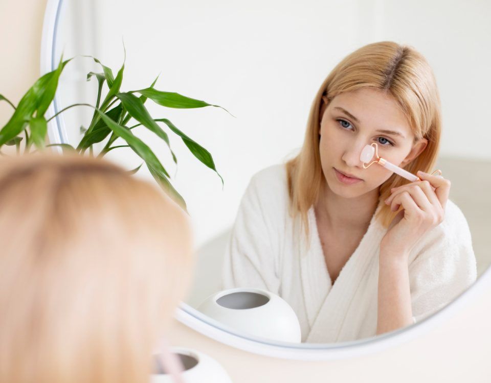 Rutina de îngrijire a tenului efectuată de o femeie în baie