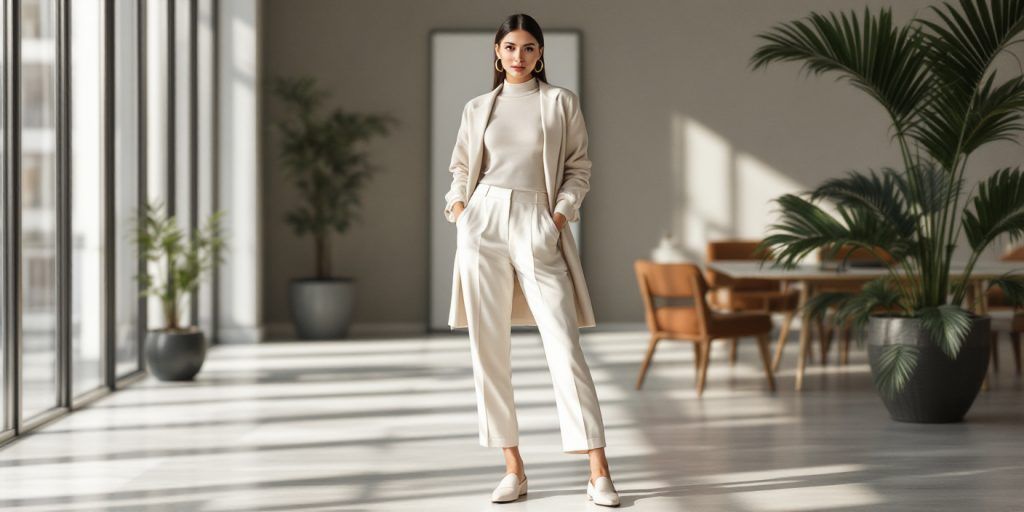 Ținută office monocrom crem cu cardigan fin și loafers, stil minimalist 2026