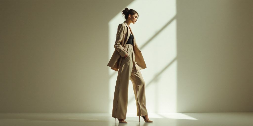 Ținută office de damă 2026 cu sacou bej si pantaloni wide-leg, look profesional.