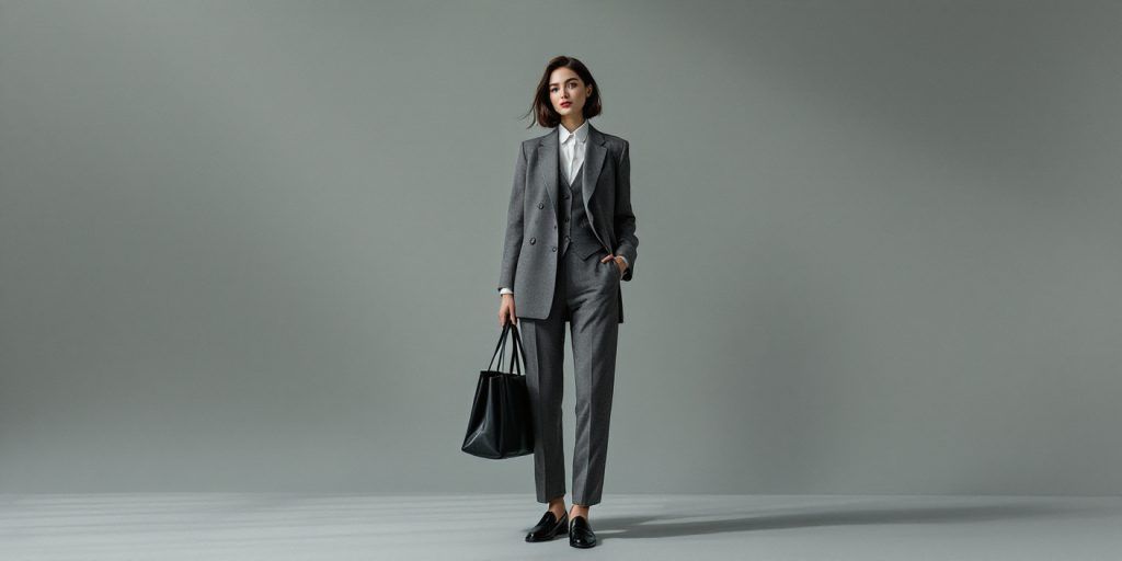 Tinuta office dama 2026 cu vesta tip costum, camasa alba si pantaloni conici.