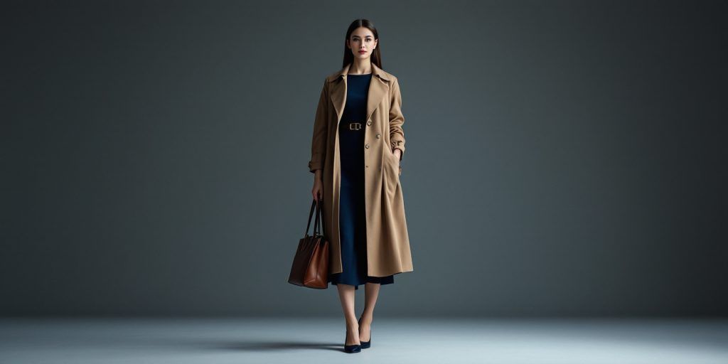 Ținută office pentru femei în 2026 cu rochie midi bleumarin și trench bej.